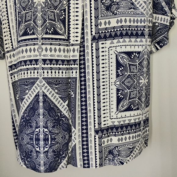 Supplies Button Up Shirt Short Sleeve Navy Blue White Boho Bandana Size Medium - Picture 5 of 13